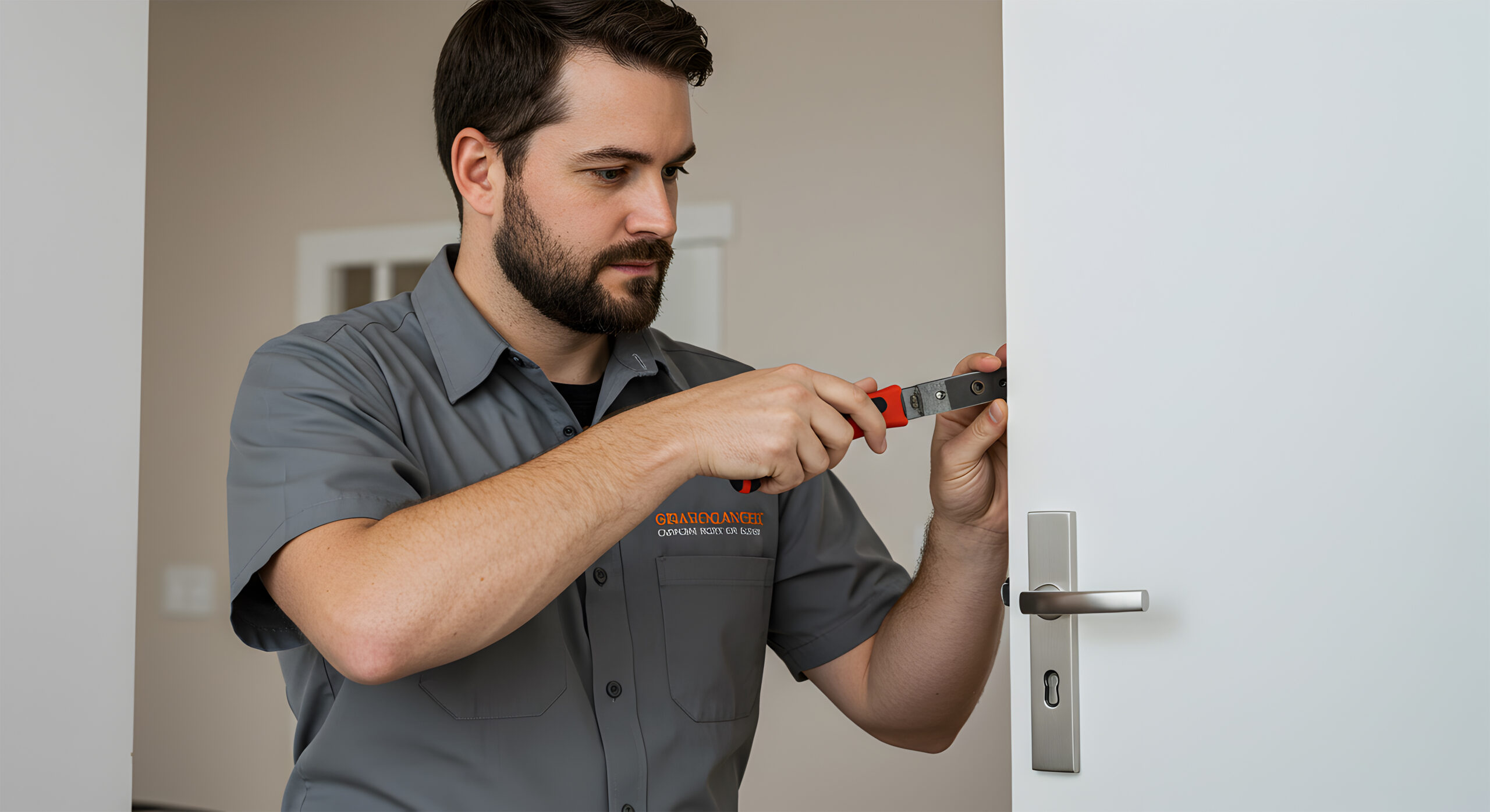 Man installing of the door lock security emergency locksmith